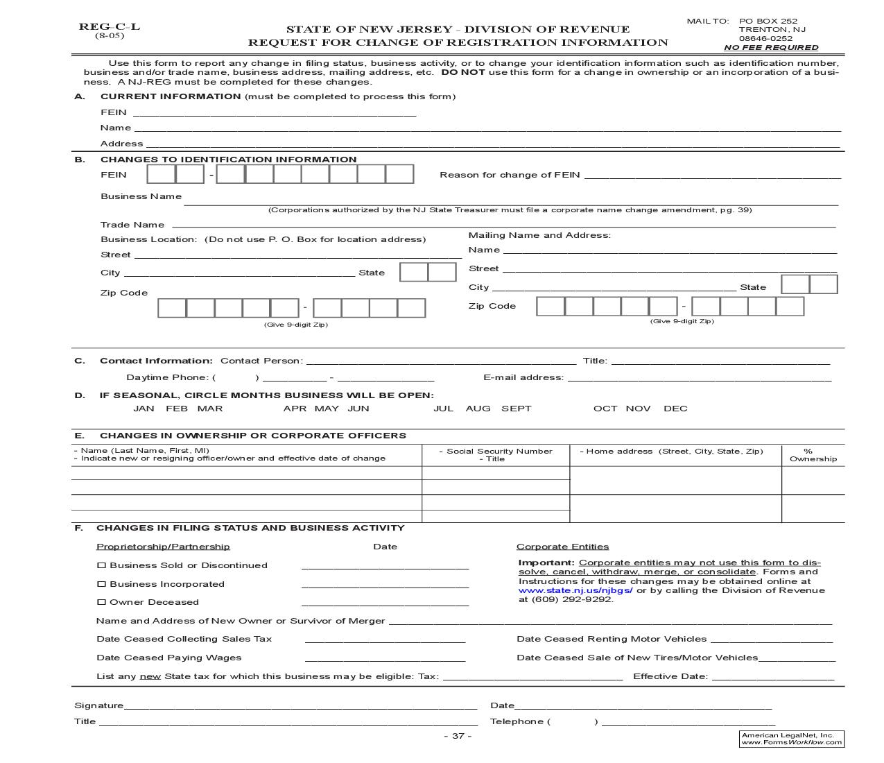Request For Change Of Registration Information {REG-C-L} | Pdf Fpdf Doc Docx | New Jersey