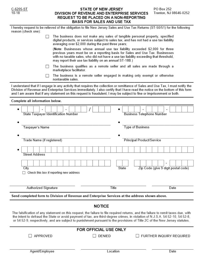 Request To Be Placed On Non-Reporting Basis Sales And Use Tax {C-6205-ST} | Pdf Fpdf Docx | New Jersey