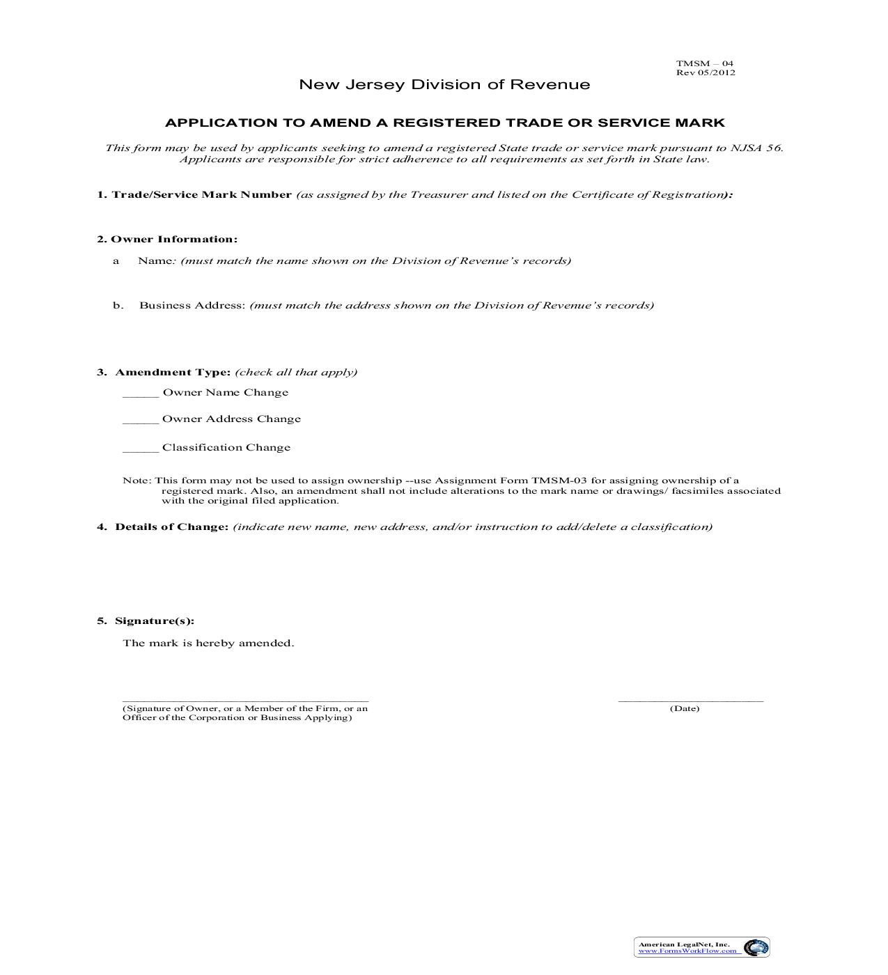 Application To Amend A Registered Trade Or Service Mark {TMSM-04} | Pdf Fpdf Doc Docx | New Jersey