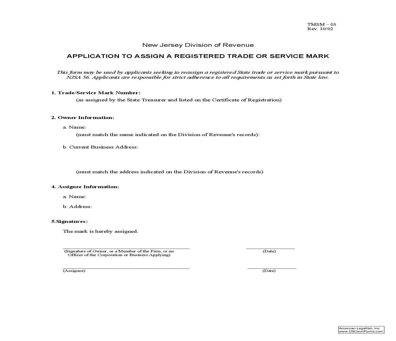 Application To Assign A Registered Trade Or Service Mark {TMSM-03} | Pdf Fpdf Doc Docx | New Jersey