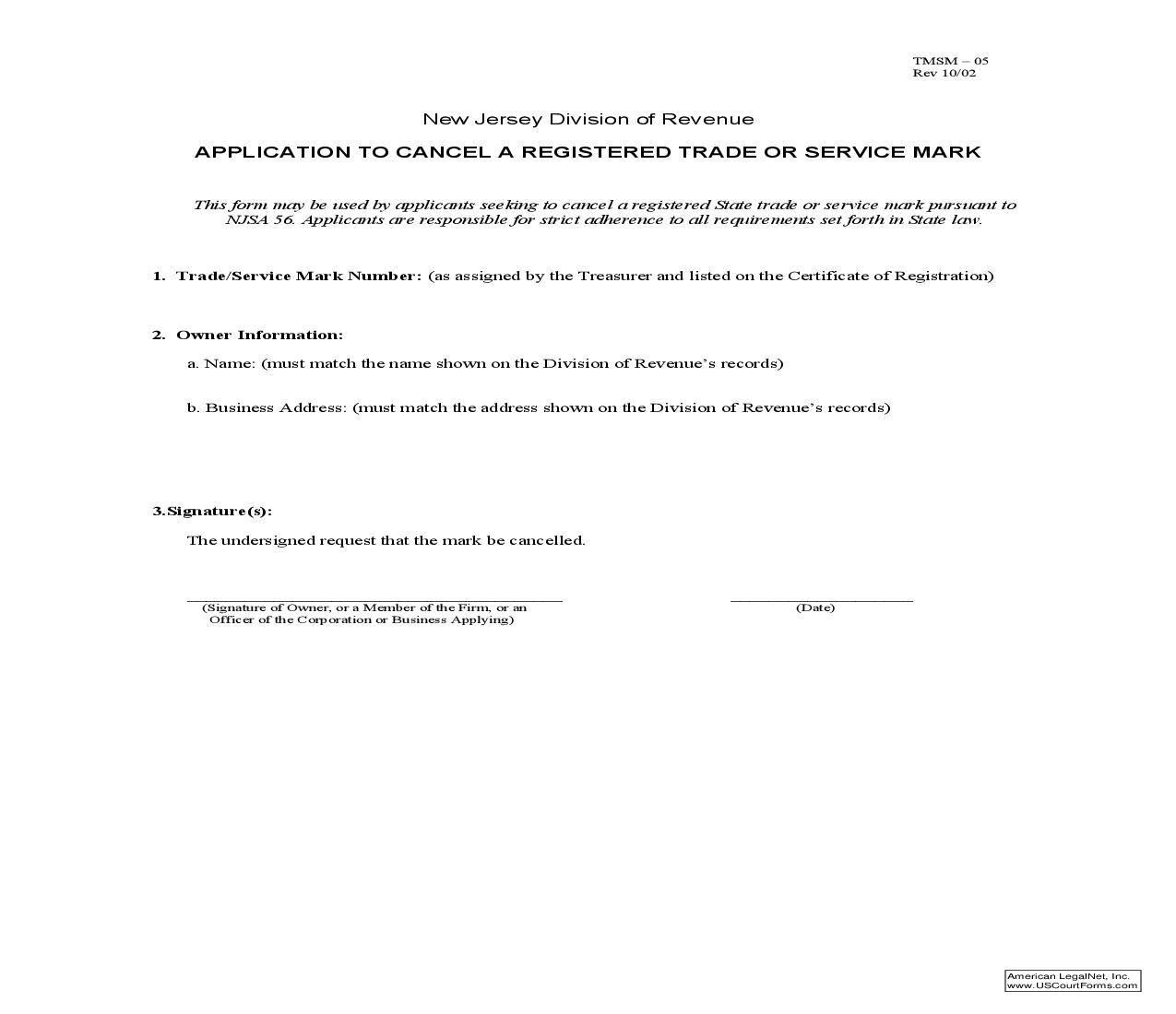 Application To Cancel A Registered Trade Or Service Mark {TMSM-05} | Pdf Fpdf Doc Docx | New Jersey