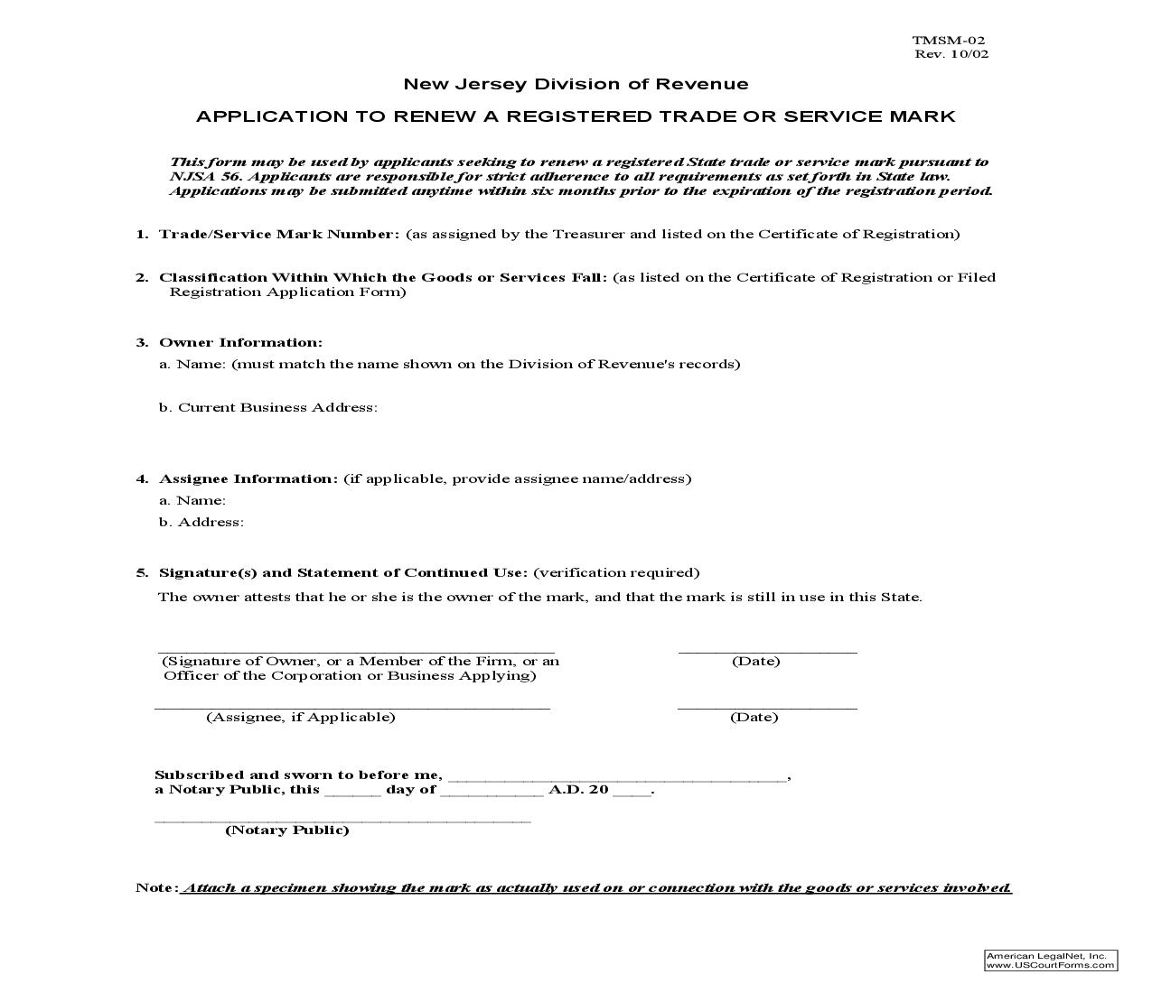 Application To Renew A Registered Trade Or Service Mark {TMSM-02} | Pdf Fpdf Doc Docx | New Jersey