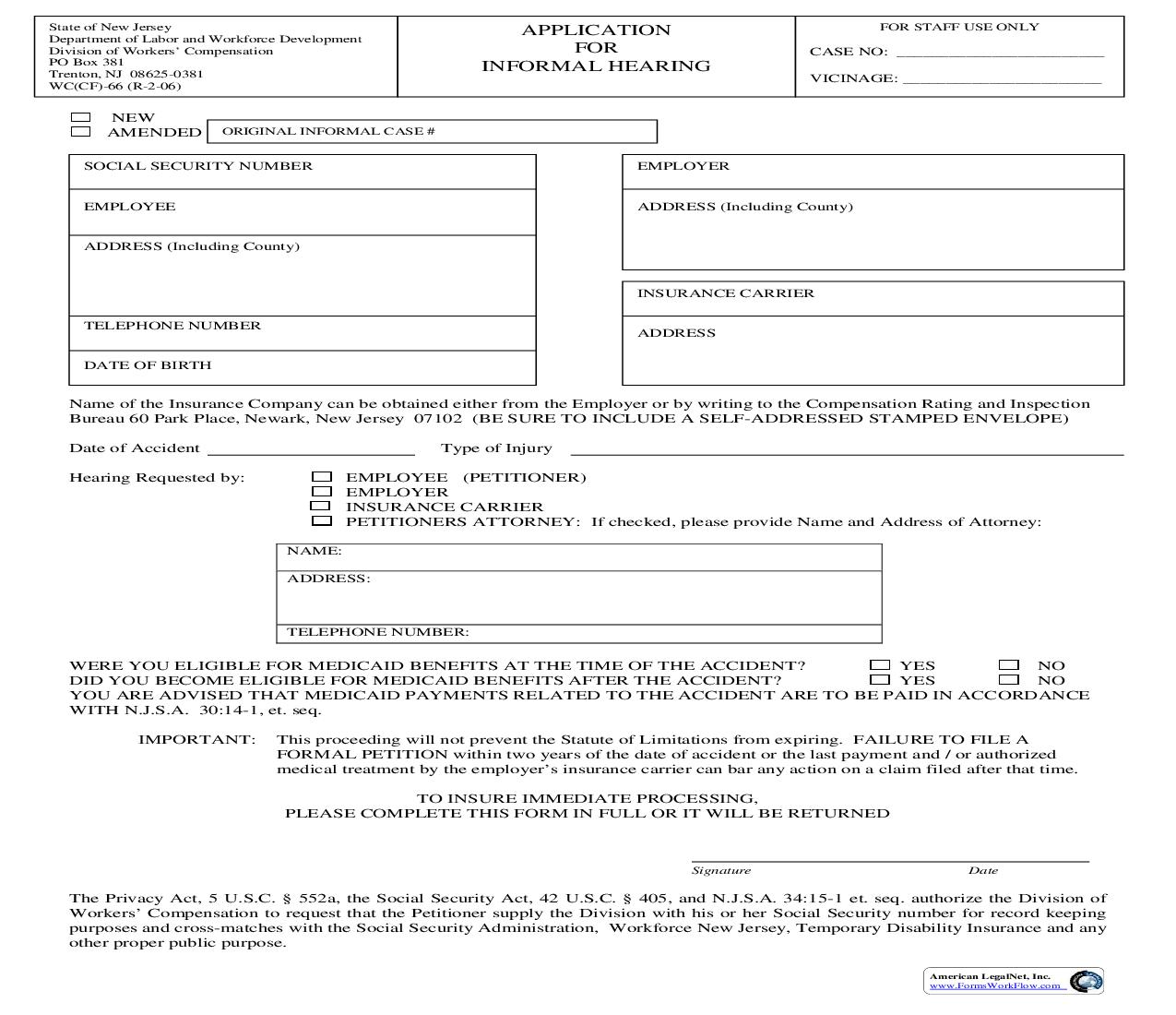 Application For Informal Hearing {WC-66} | Pdf Fpdf Doc Docx | New Jersey