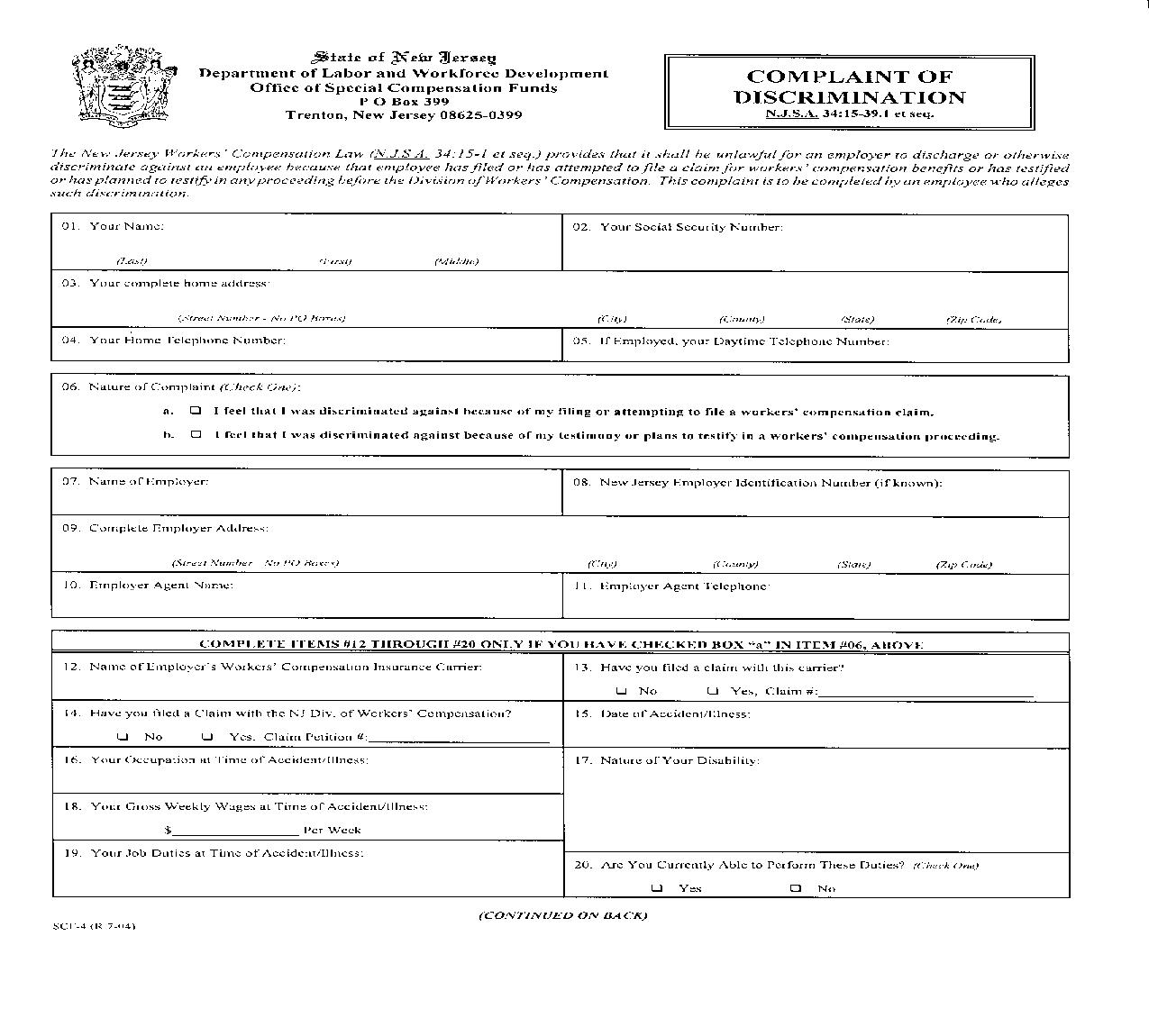 Complaint Of Discrimination {SCF-4} | Pdf Fpdf Doc Docx | New Jersey