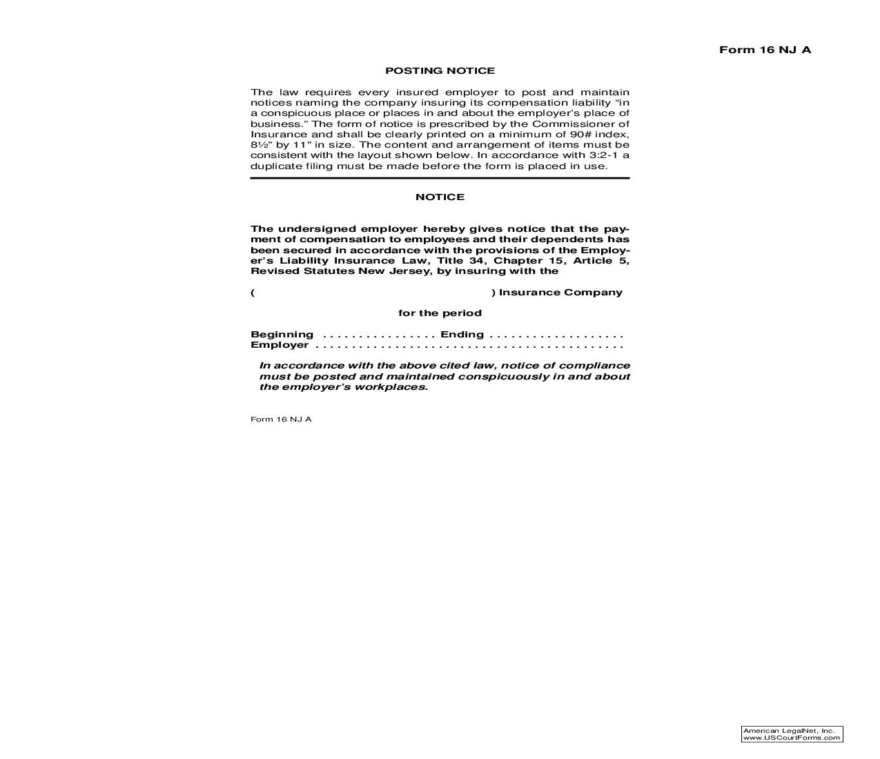 Employer Notice Of Workers Compensation Insurance Coverage {16 NJ A} | Pdf Fpdf Doc Docx | New Jersey