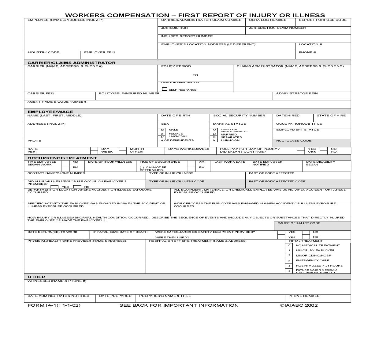 First Report Of Injury Or Illness {IA-1} | Pdf Fpdf Doc Docx | New Jersey