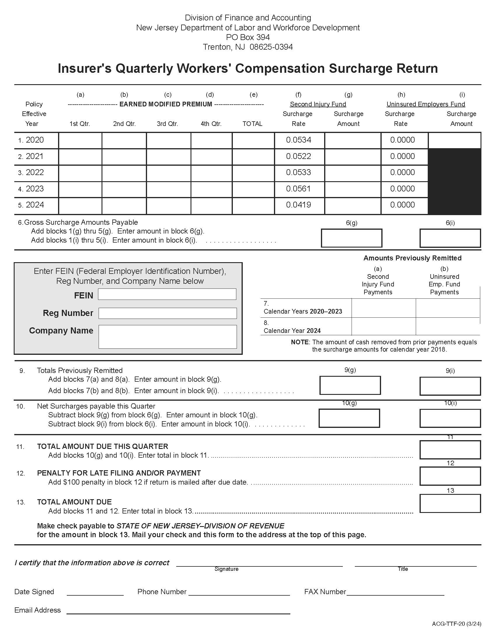 Insurers Quarterly Workers Compensation Surcharge Return {ACG-TTF-20} | Pdf Fpdf Docx | New Jersey