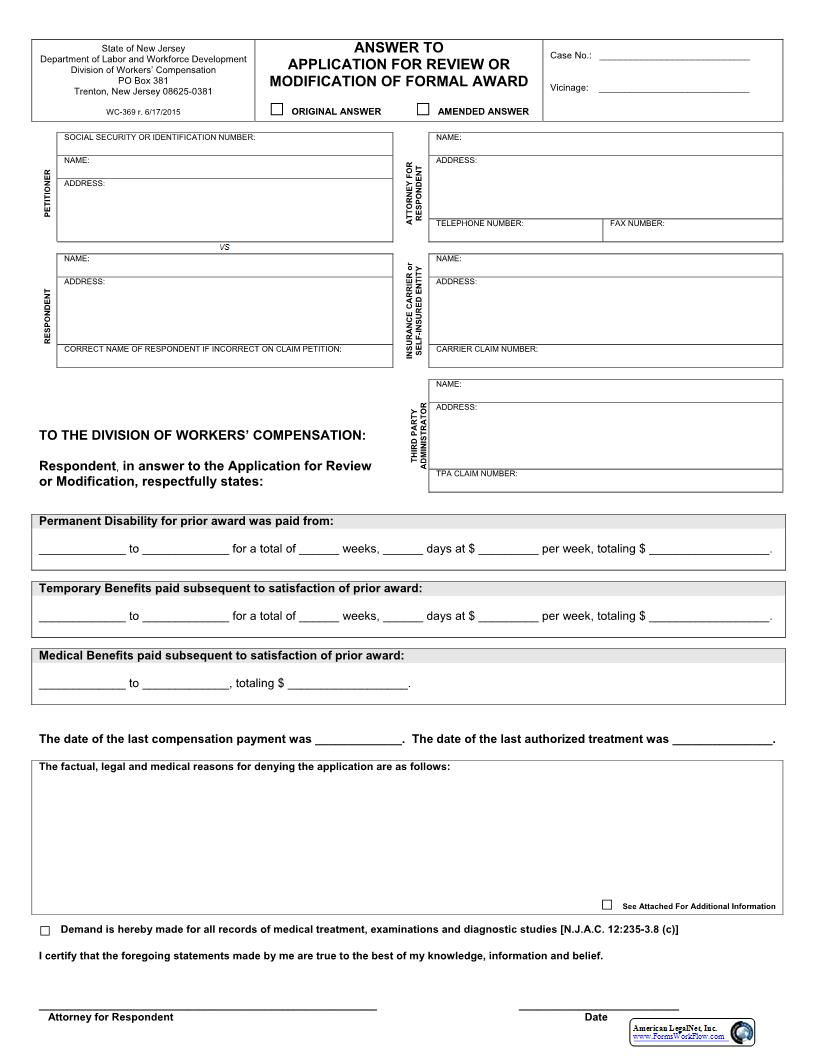 Answer To Application For Review Or Modification Of Formal Award {WC-369} | Pdf Fpdf Docx | New Jersey