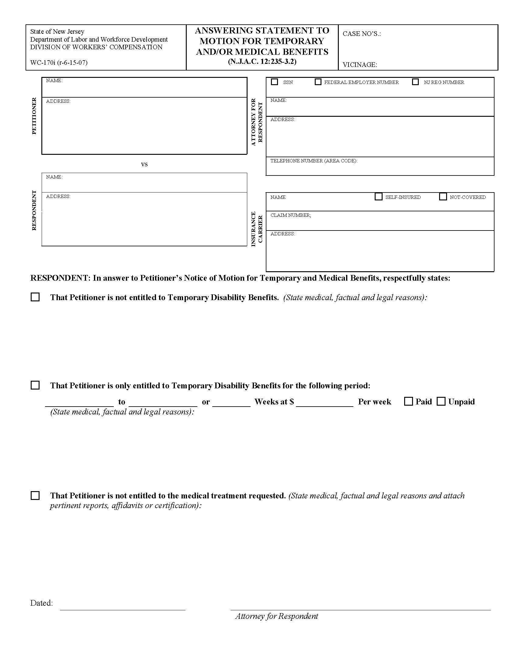 Answering Statement To Motion For Temporary And Or Medical Benefits {WC-170} | Pdf Fpdf Doc Docx | New Jersey