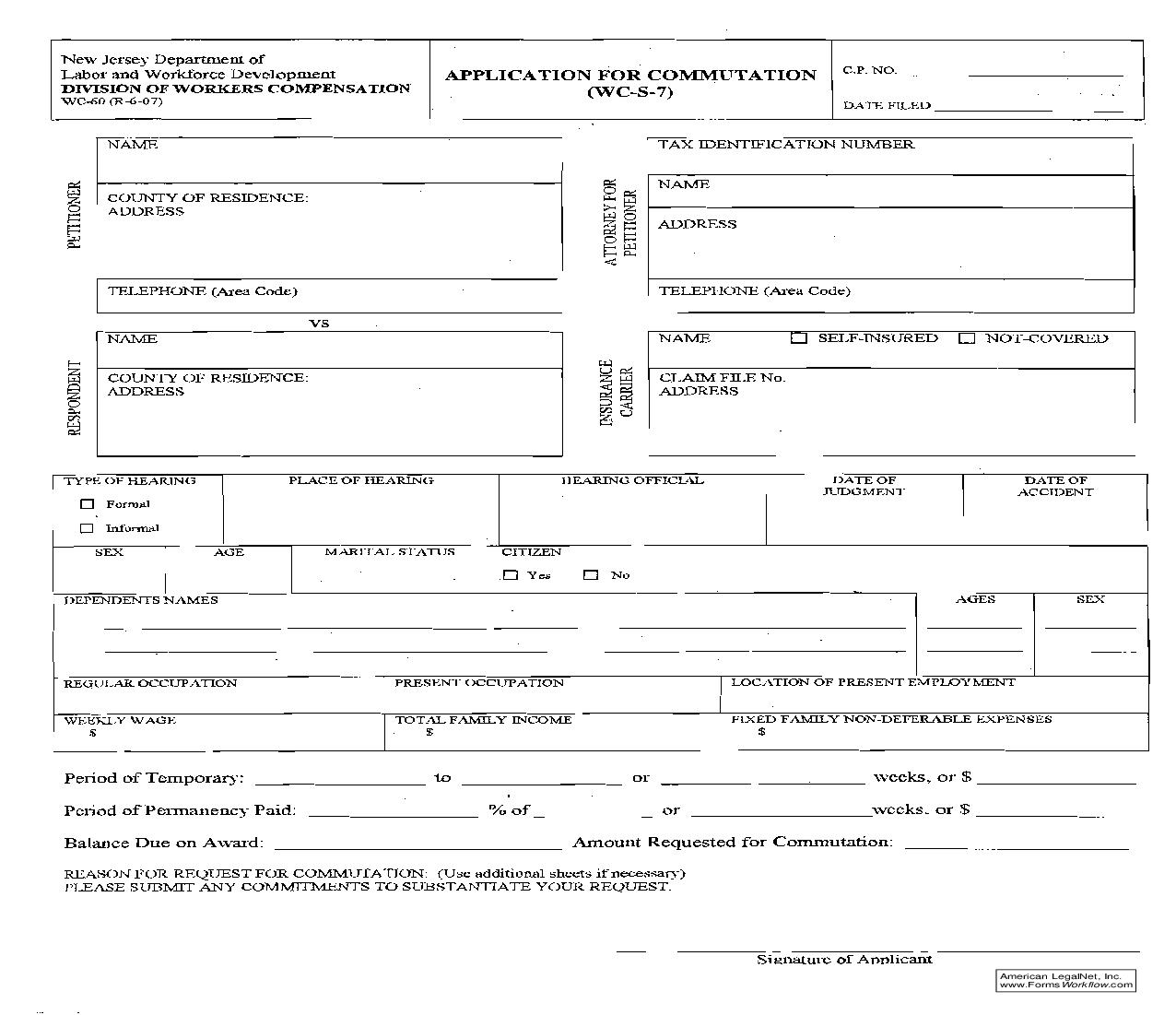 Application For Commutation {WC-60} | Pdf Fpdf Doc Docx | New Jersey
