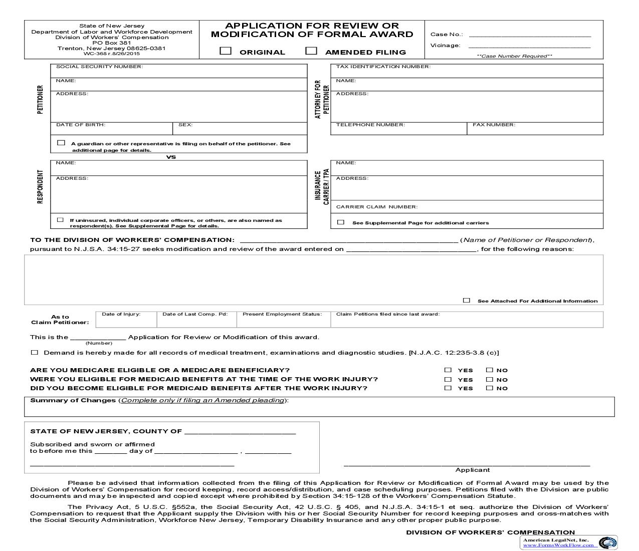Application For Review Or Modification Of Formal Award {WC-368} | Pdf Fpdf Doc Docx | New Jersey