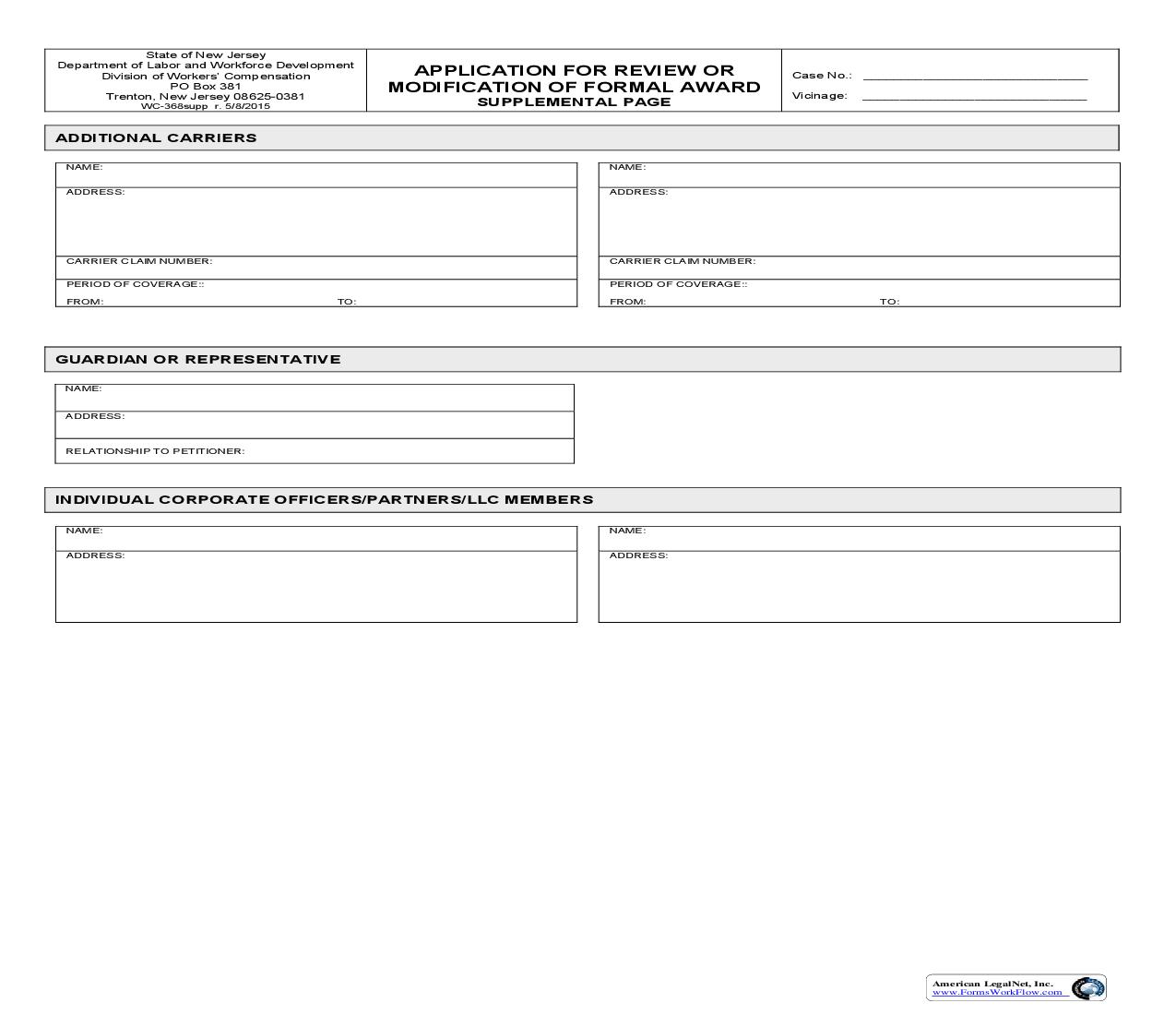 Application For Review Or Modification Of Formal Award Supplemental Page {WC-368supp} | Pdf Fpdf Doc Docx | New Jersey