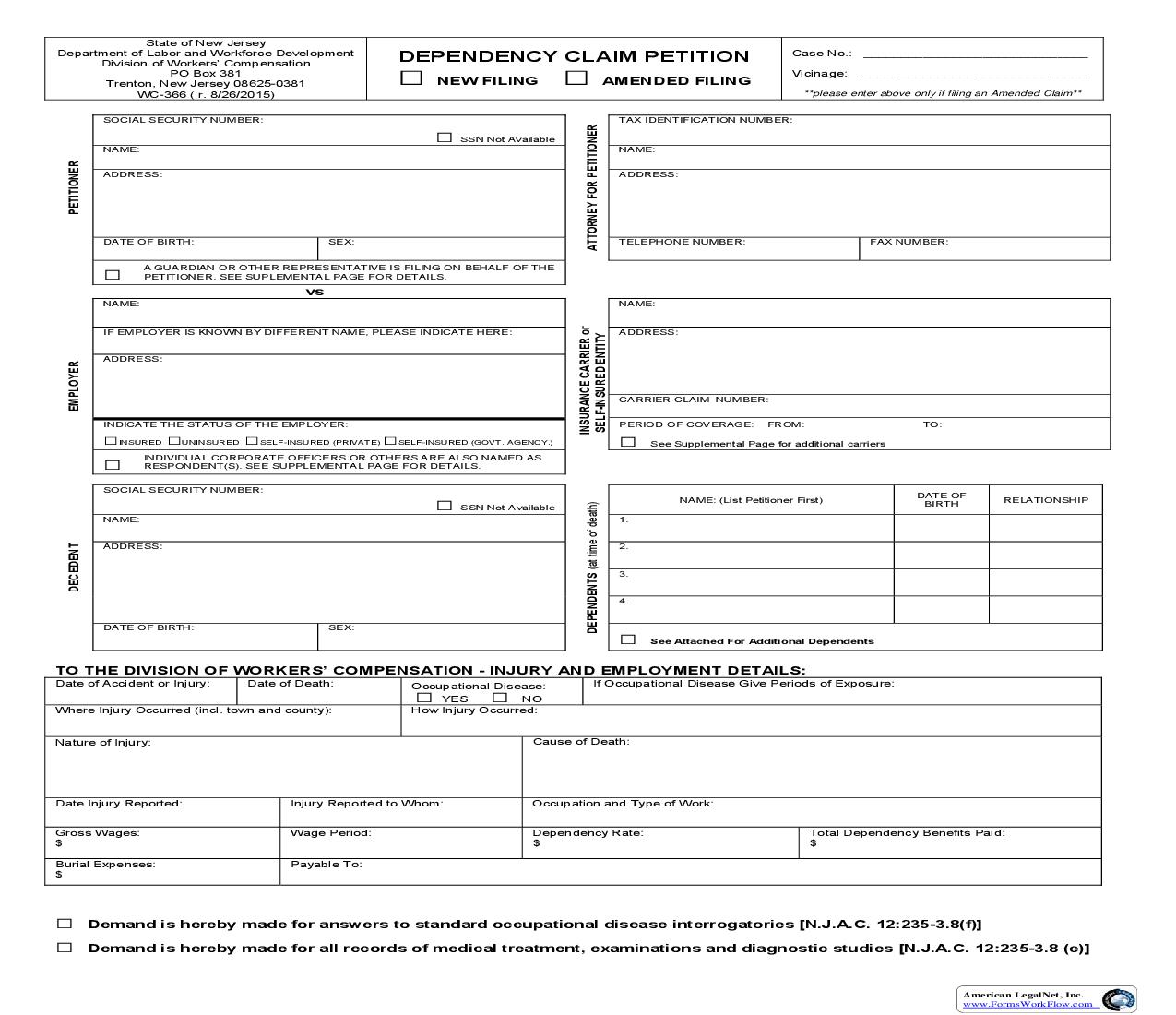 Dependency Claim Petition {WC-366} | Pdf Fpdf Doc Docx | New Jersey