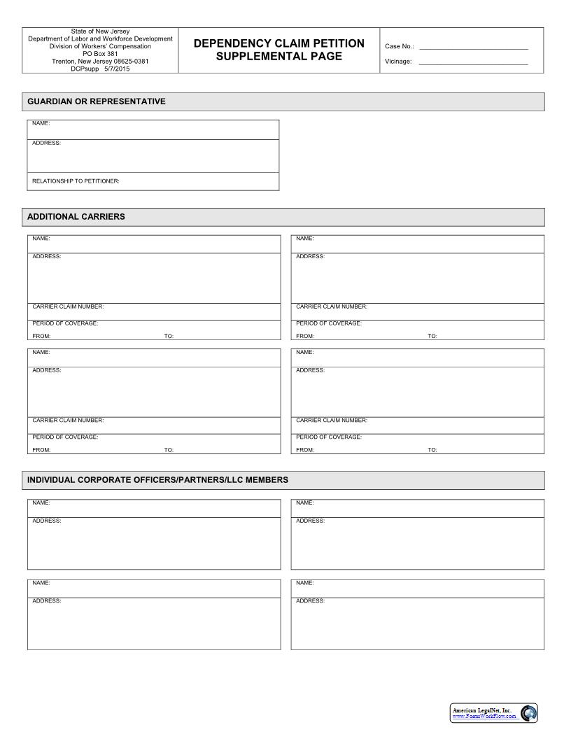 Dependency Claim Petition Supplemental Page {WC-366Sup} | Pdf Fpdf Docx | New Jersey
