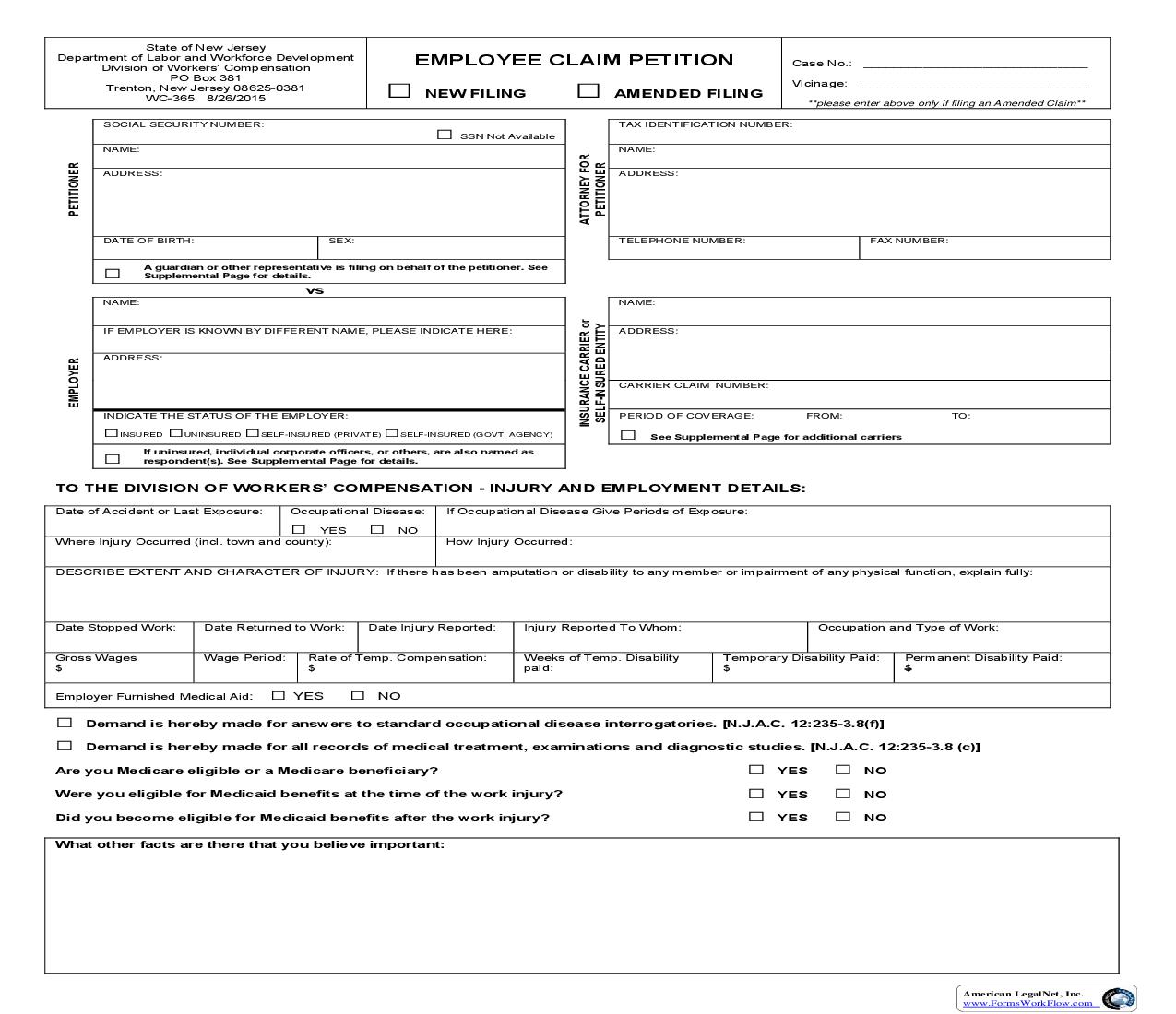 Employee Claim Petition {WC-365} | Pdf Fpdf Doc Docx | New Jersey
