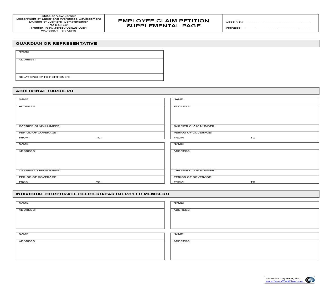 Employee Claim Petition Supplemental Page {WC-365.1} | Pdf Fpdf Doc Docx | New Jersey