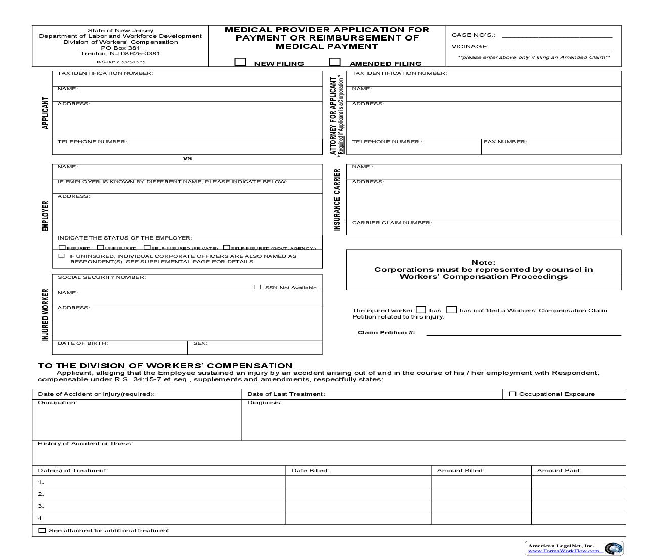 Medical Provider Application For Payment Or Reimbursement Of Medical Payment {WC-381} | Pdf Fpdf Doc Docx | New Jersey