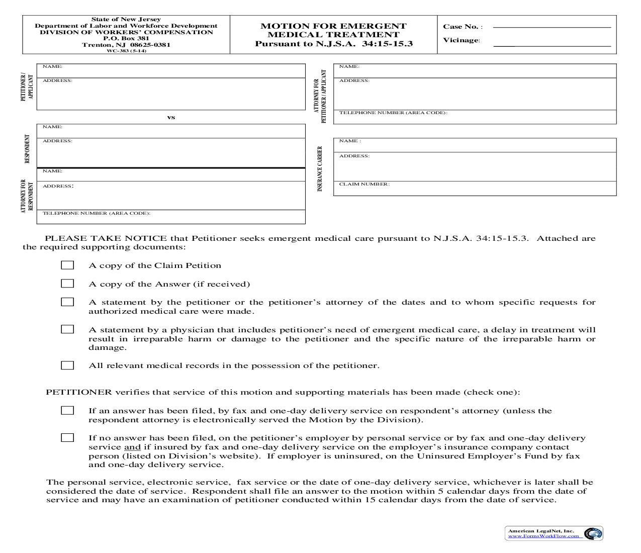 Motion For Emergent Medical Treatment {WC-383} | Pdf Fpdf Doc Docx | New Jersey