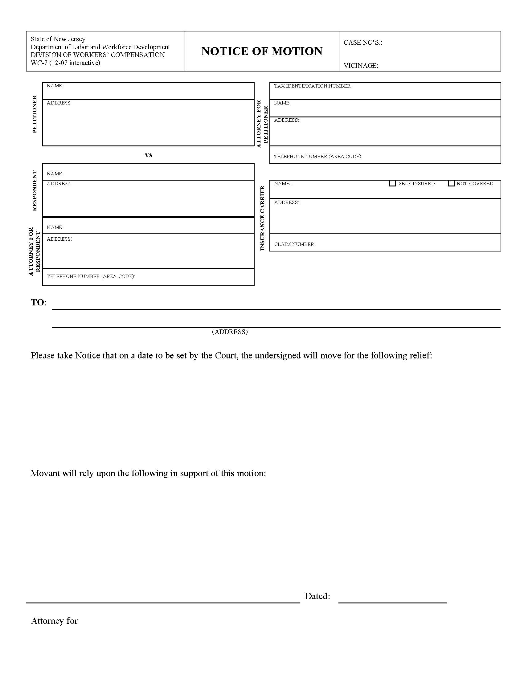 Notice Of Motion {WC-7} | Pdf Fpdf Doc Docx | New Jersey