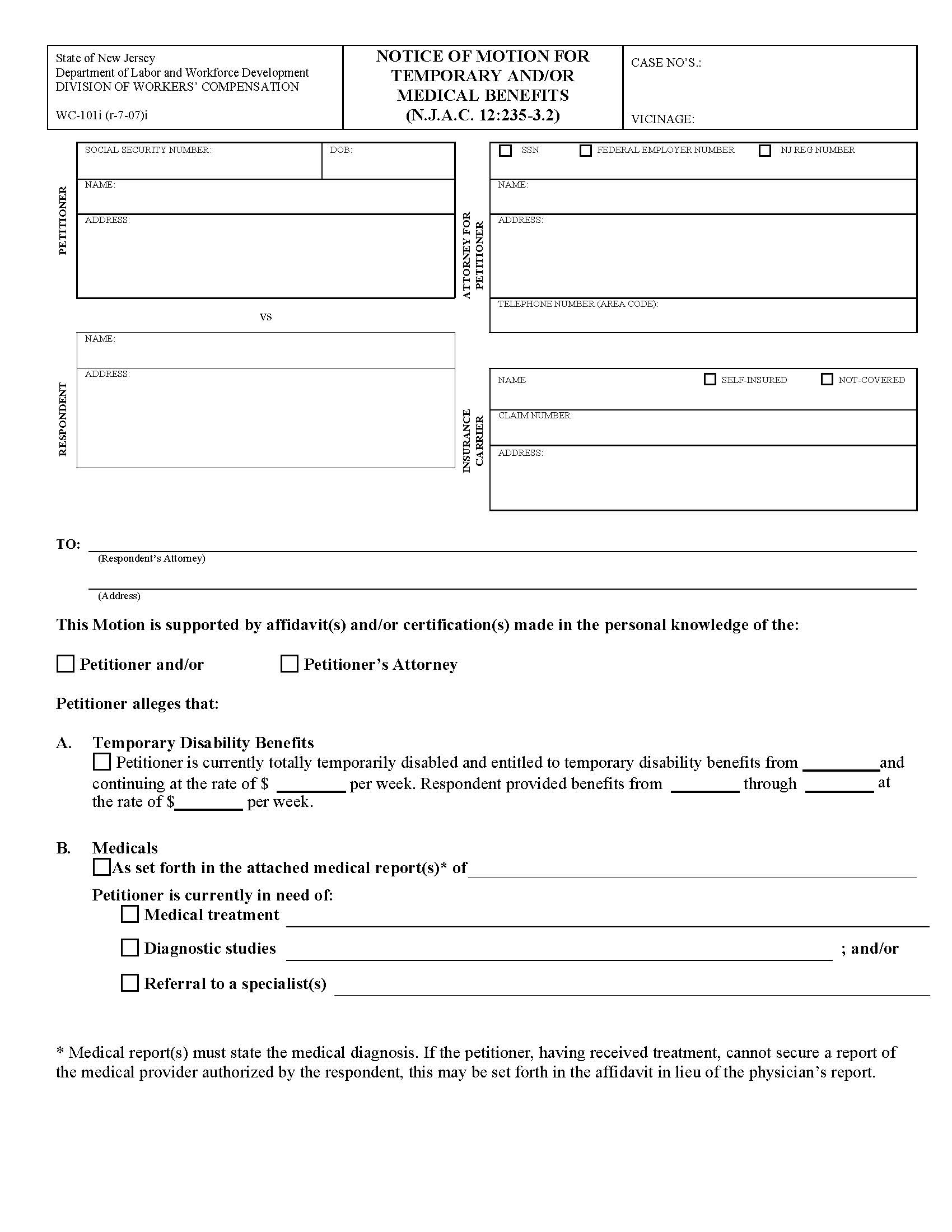Notice Of Motion For Temporary And Or Medical Benefits {WC-101i} | Pdf Fpdf Doc Docx | New Jersey
