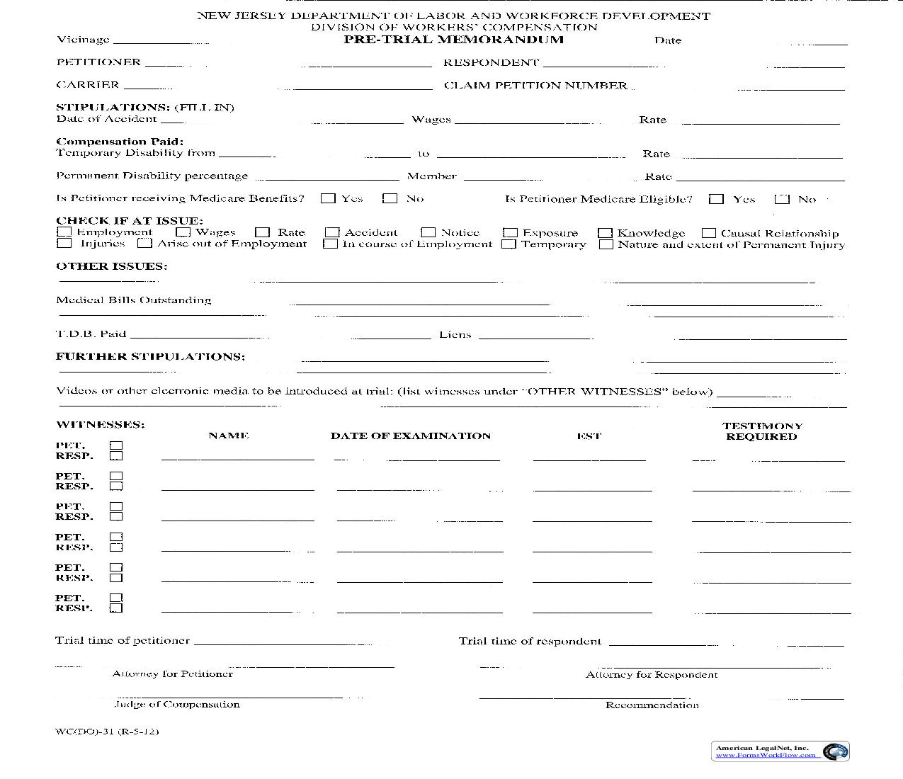 Pre-Trial Memorandum {WC-31} | Pdf Fpdf Doc Docx | New Jersey