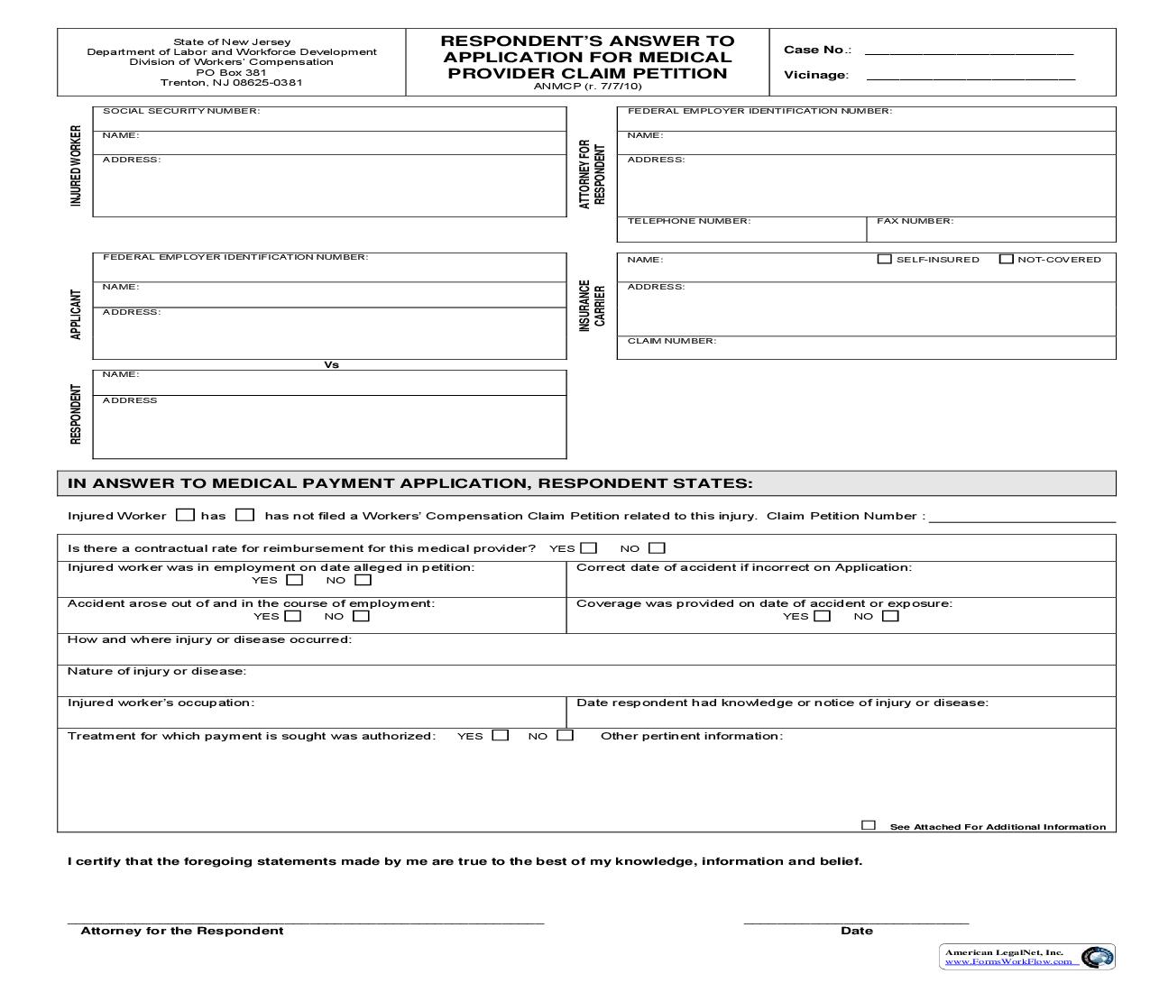 Respondents Answer To Application For Medical Provider Claim Petition {ANMCP} | Pdf Fpdf Doc Docx | New Jersey