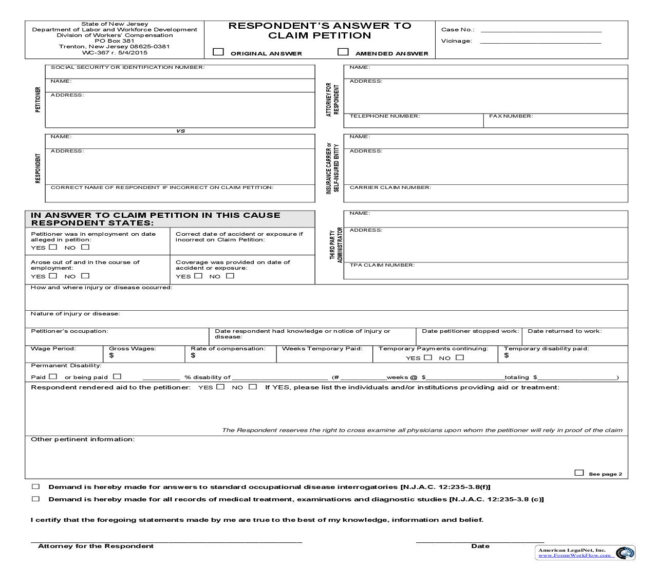 Respondents Answer To Claim Petition {WC-367} | Pdf Fpdf Doc Docx | New Jersey