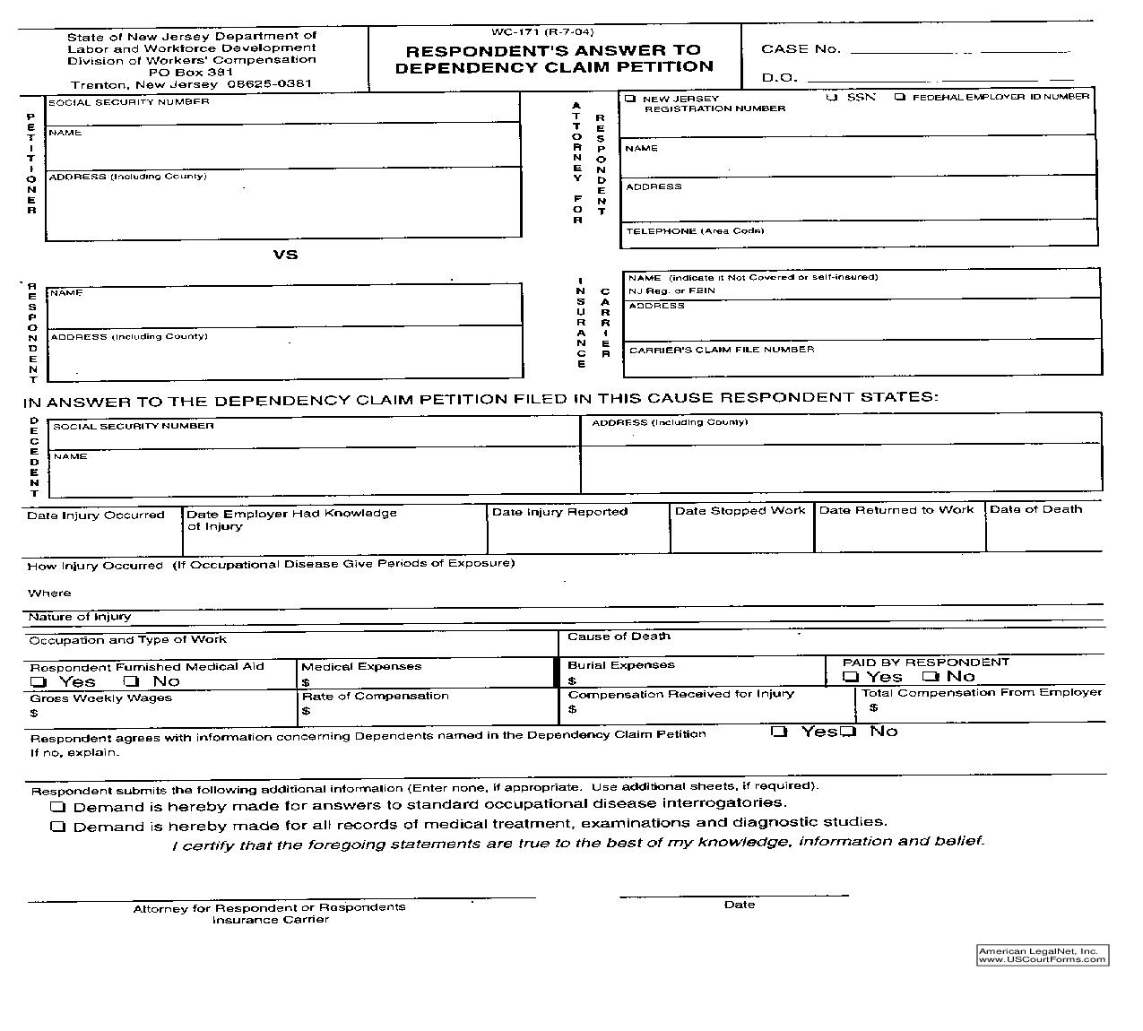 Respondents Answer To Dependency Claim Petition {WC-171} | Pdf Fpdf Doc Docx | New Jersey
