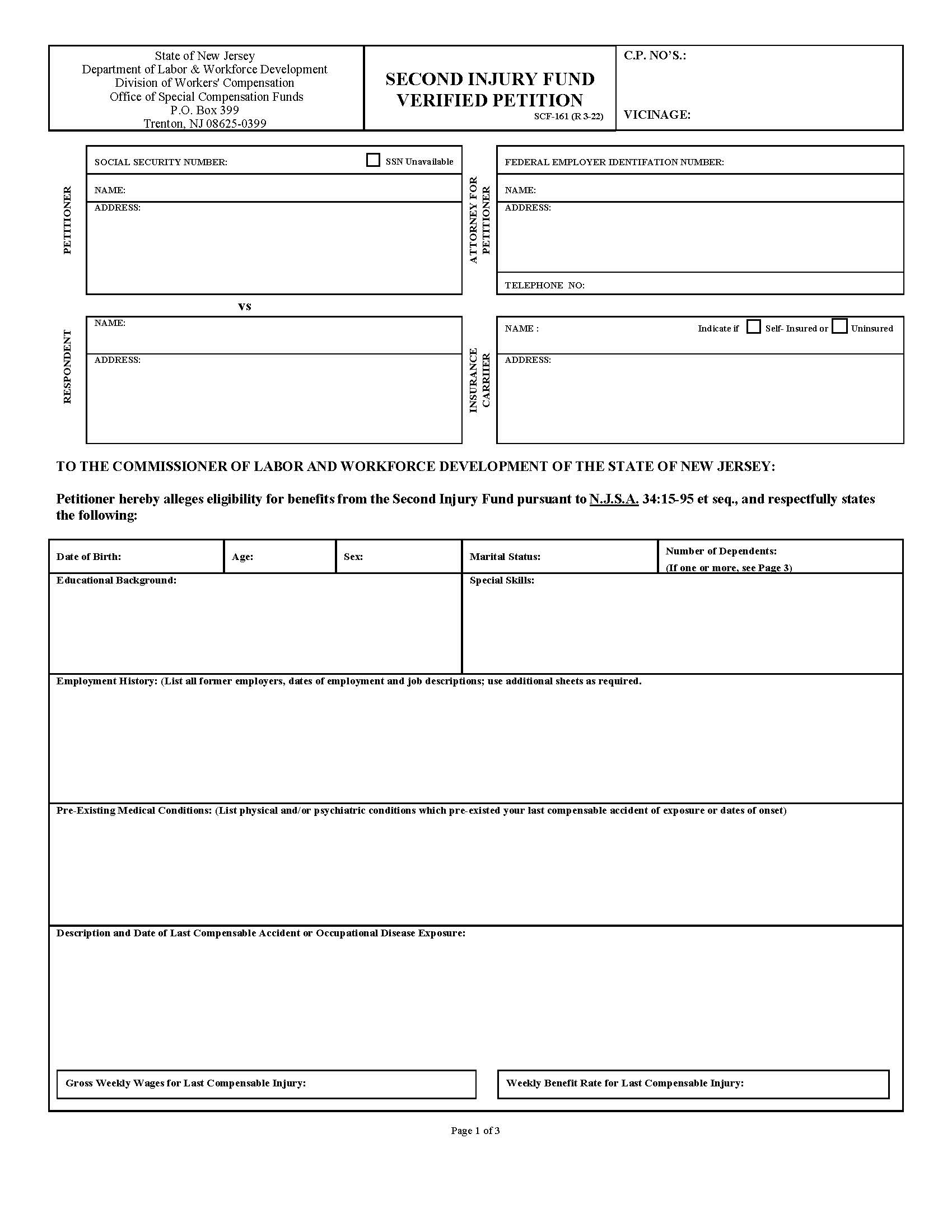 Second Injury Fund Verified Petition {SCF-161} | Pdf Fpdf Doc Docx | New Jersey