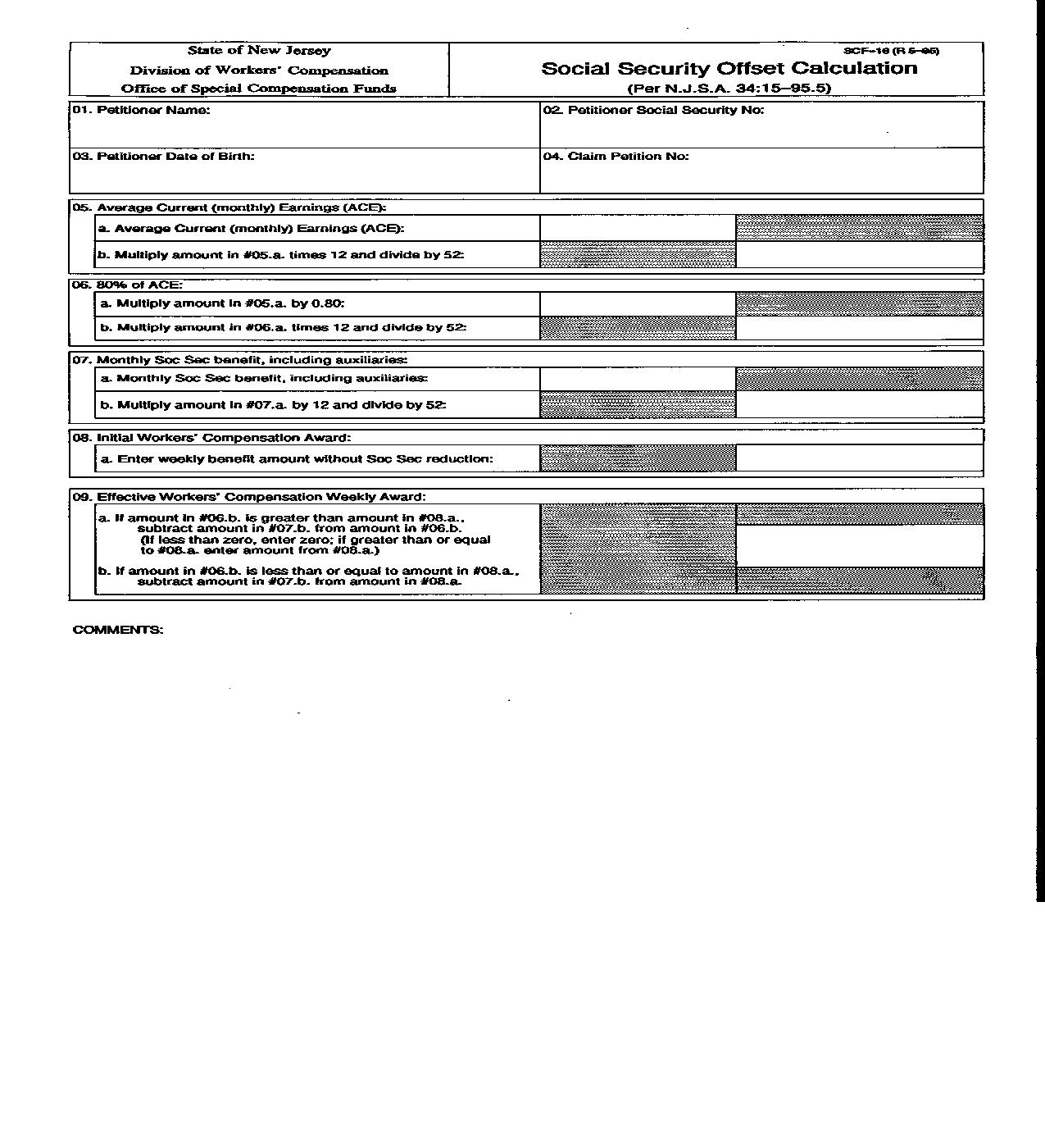 Social Security Offset Calculation {SCF-16} | Pdf Fpdf Doc Docx | New Jersey