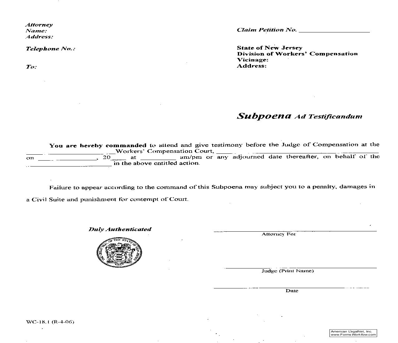 Subpoena Ad Testificandum {WC-18.1} | Pdf Fpdf Doc Docx | New Jersey