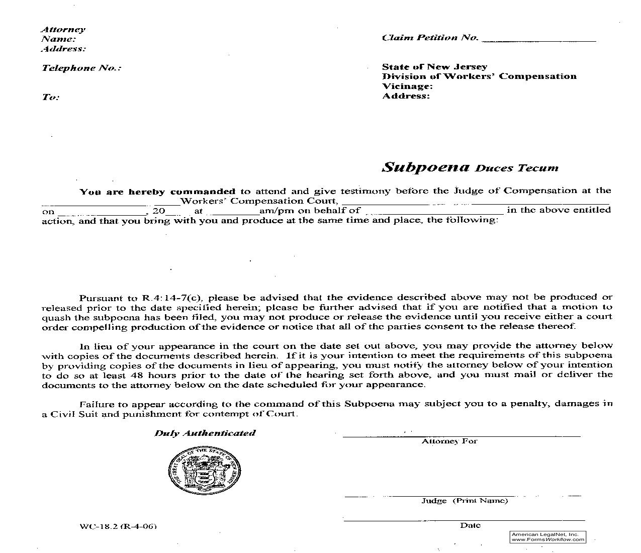 Subpoena Duces Tecum {WC-18.2} | Pdf Fpdf Doc Docx | New Jersey