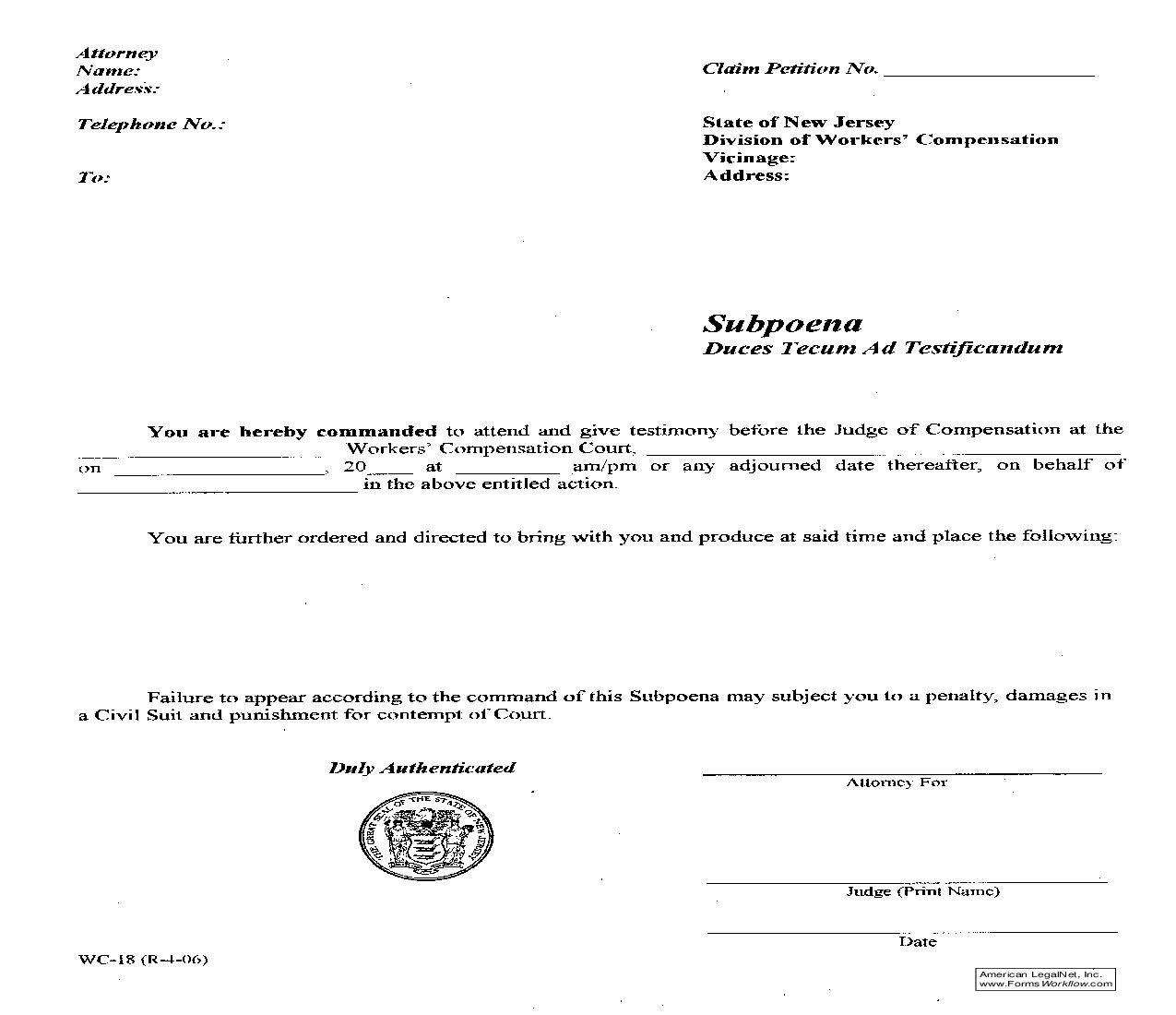 Subpoena Duces Tecum Ad Testificandum {WC-18} | Pdf Fpdf Doc Docx | New Jersey