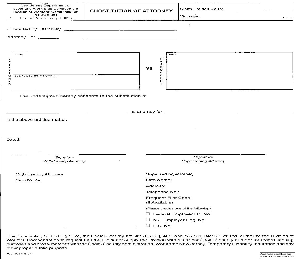 Substitution Of Attorney {WC-10} | Pdf Fpdf Doc Docx | New Jersey