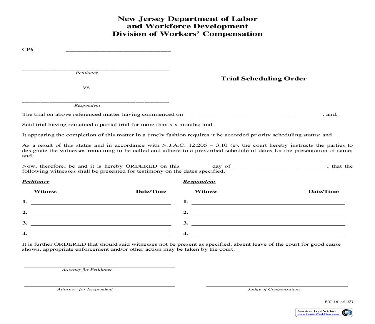 Trial Scheduling Order {WC-16} | Pdf Fpdf Doc Docx | New Jersey
