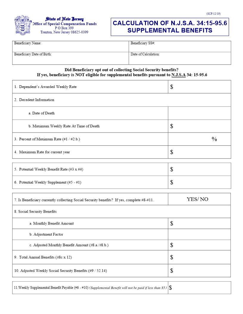 Calculation Of NJSA 3415-95.6 Supplemental Benefits {SCF-12-19} | Pdf Fpdf Docx | New Jersey