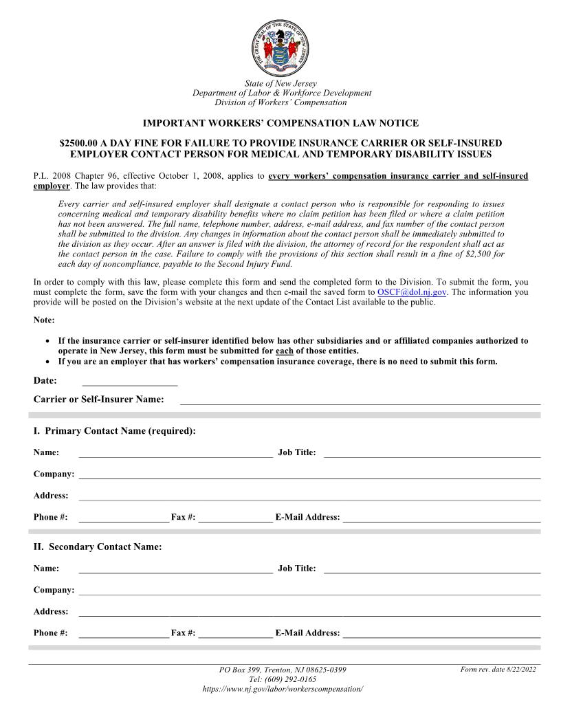 Insurance Carrier Or Self-Insured Employer Contact Person Form | Pdf Fpdf Doc Docx | New Jersey