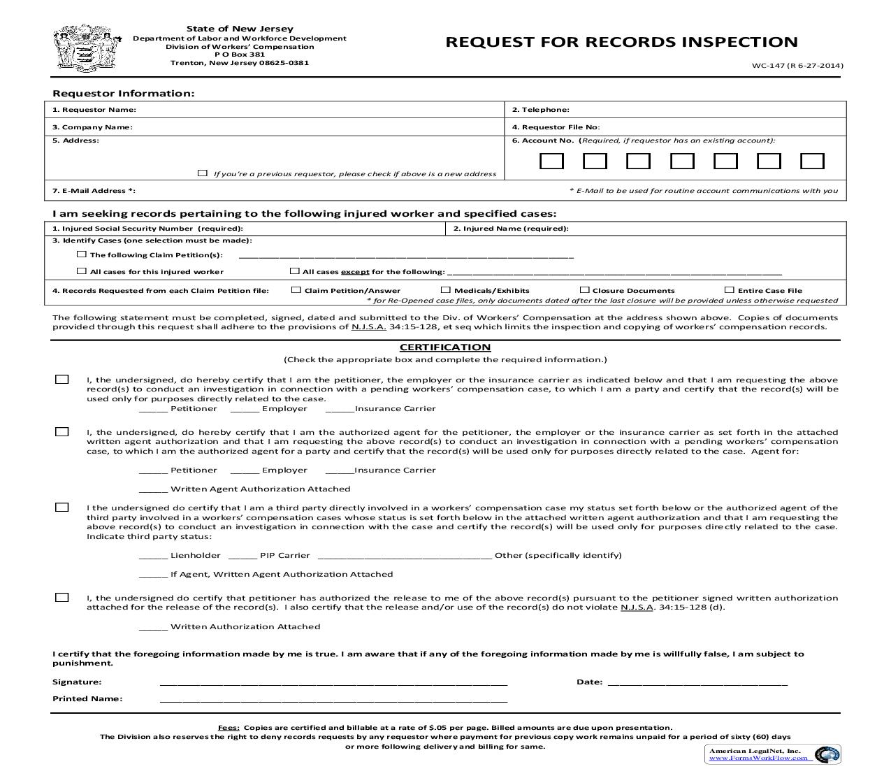 Request For Records Inspection {WC-147} | Pdf Fpdf Doc Docx | New Jersey
