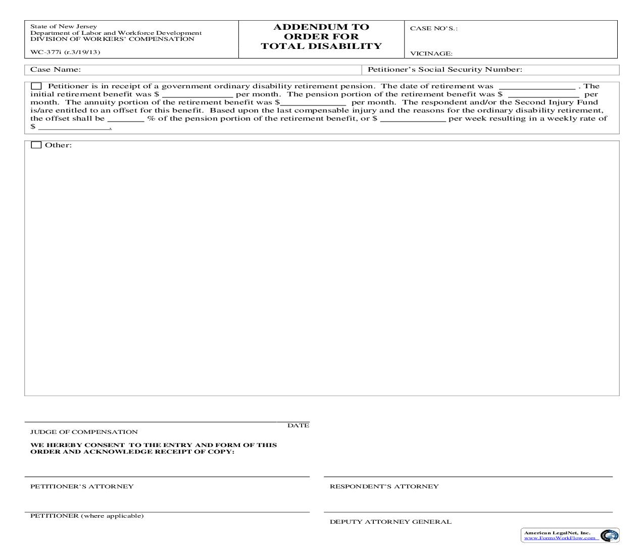 Addendum To Order For Total Disability {WC-377} | Pdf Fpdf Doc Docx | New Jersey