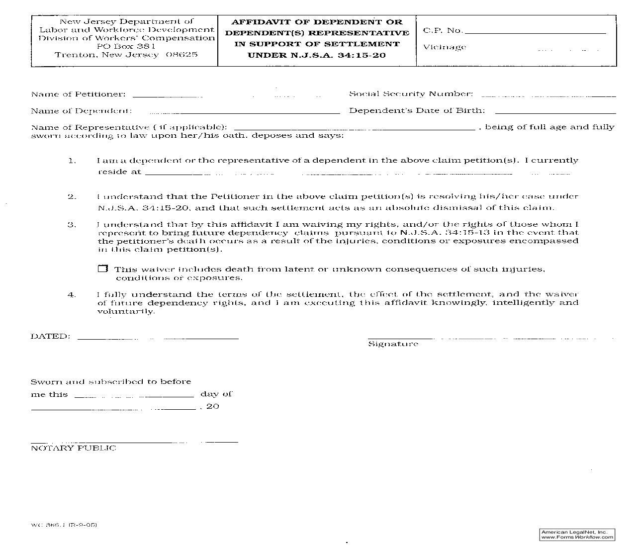 Affidavit Of Dependent In Support Of Settlement Under NJSA 34 15-20 {WC-366.1} | Pdf Fpdf Doc Docx | New Jersey
