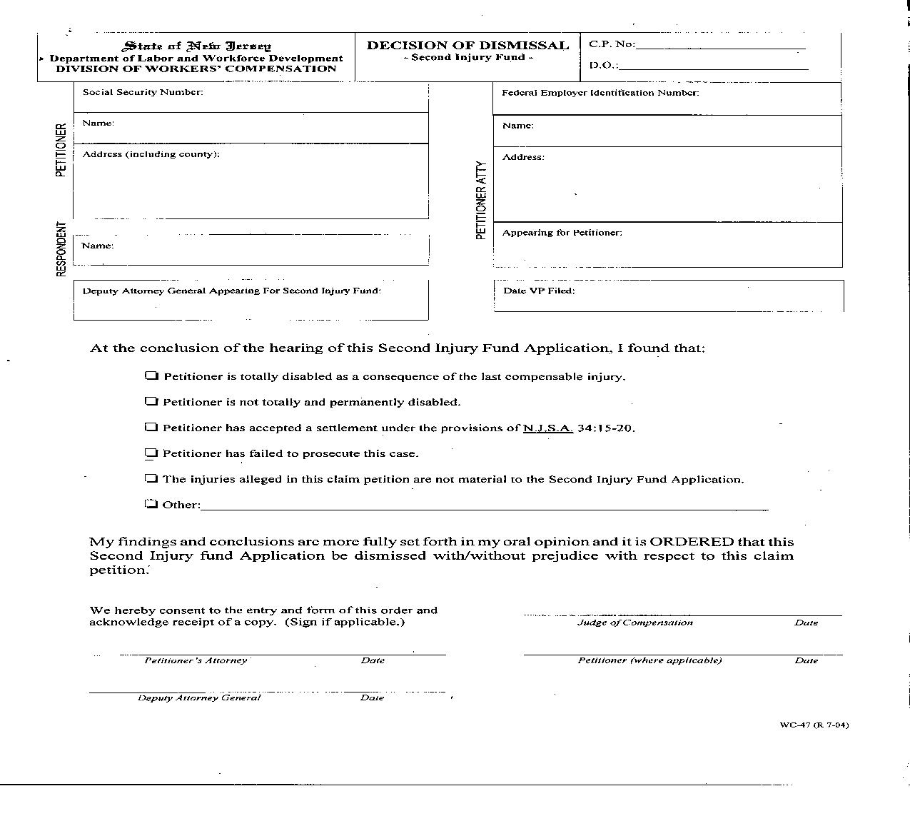 Decision Of Dismissal (Second Injury Fund) {WC-47} | Pdf Fpdf Doc Docx | New Jersey