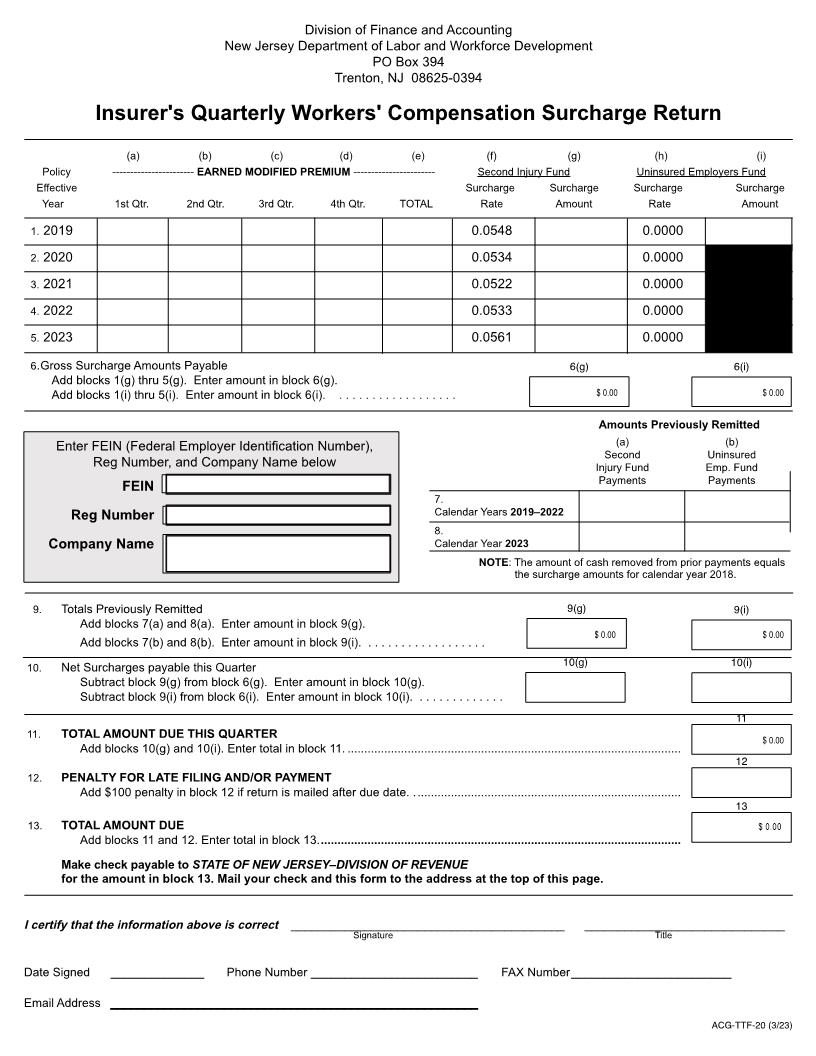 Insurers Quarterly Workers Compensation Surcharge Return {ACG-TTF-20} | Pdf Fpdf Docx | New Jersey