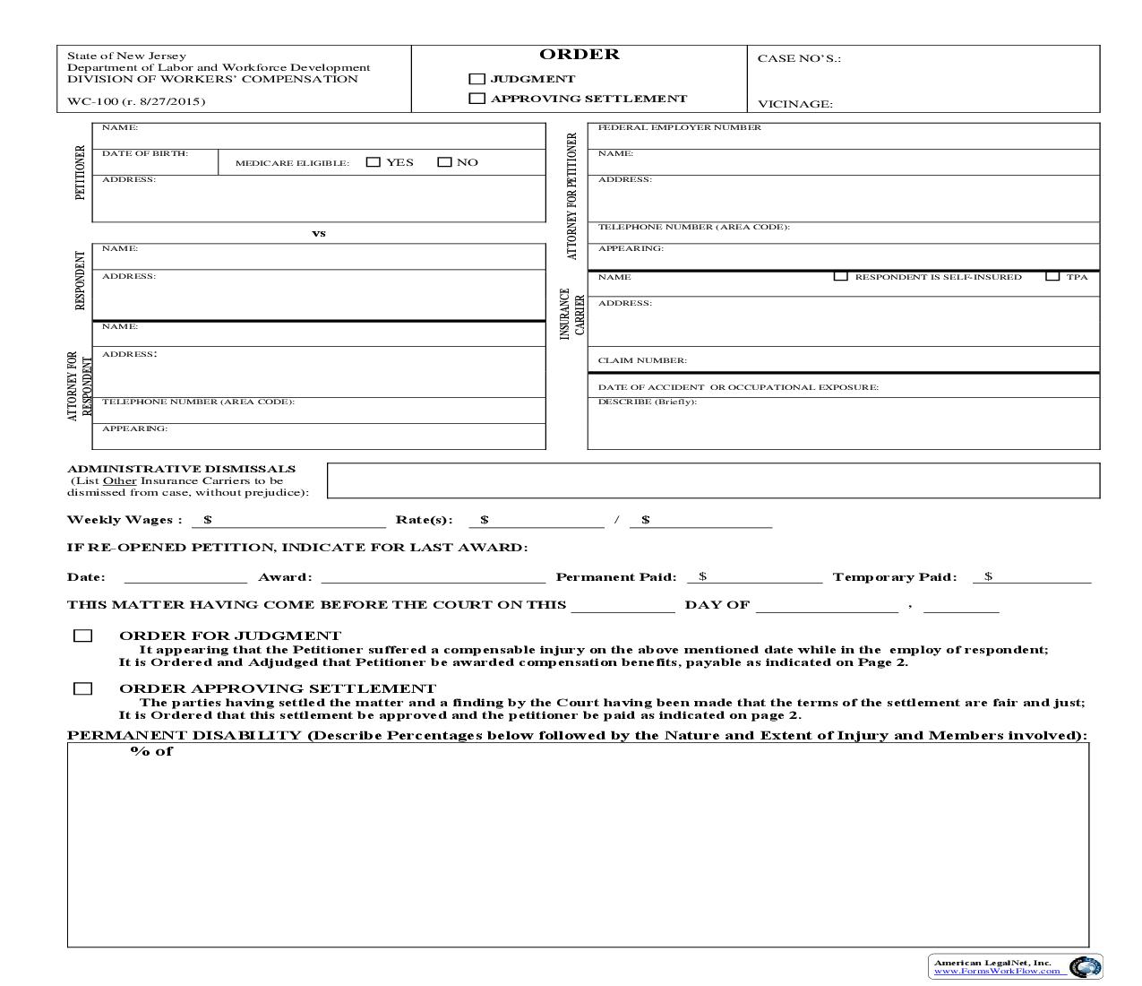 Order (Judgment Or Approving Settlement) With Case Exhibit Listing {WC-100} | Pdf Fpdf Doc Docx | New Jersey