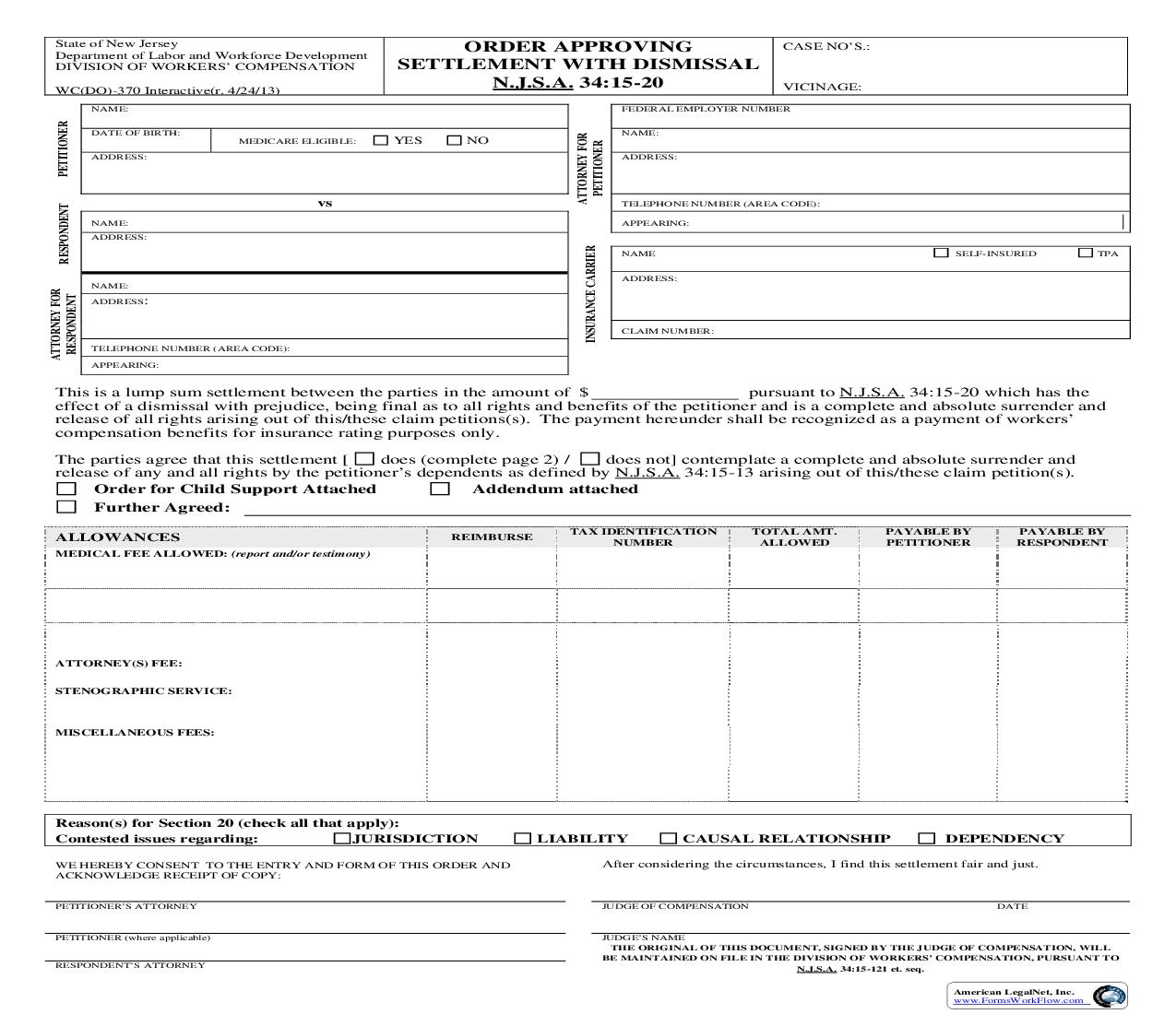 Order Approving Settlement With Dismissal Under NJSA 34 15-20 {WC(DO)-370} | Pdf Fpdf Doc Docx | New Jersey