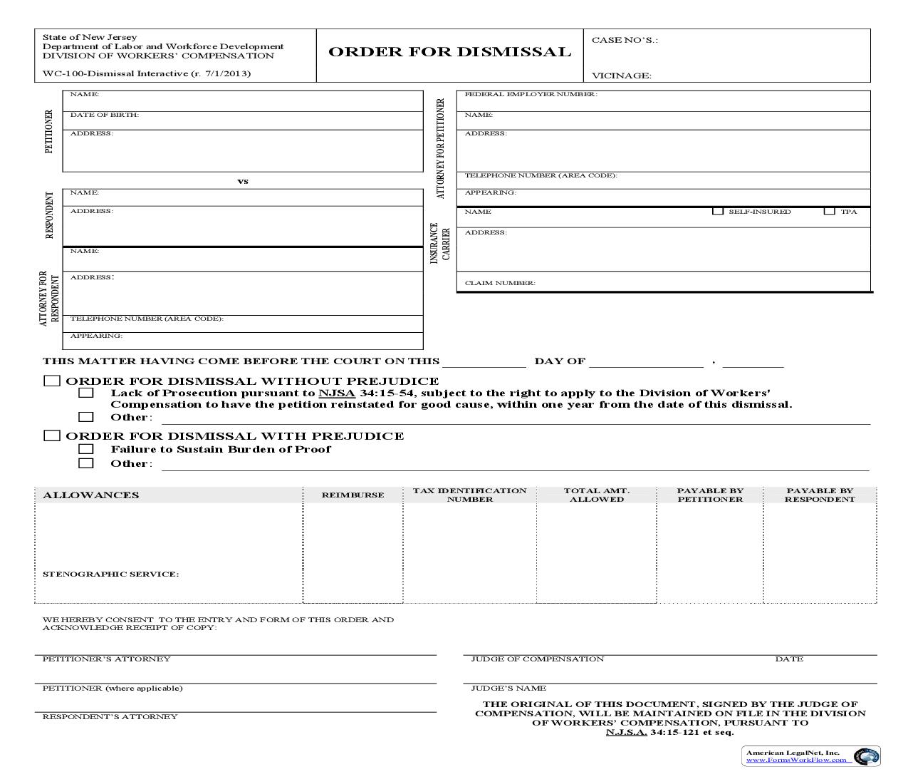 Order For Dismissal {WC-100} | Pdf Fpdf Doc Docx | New Jersey