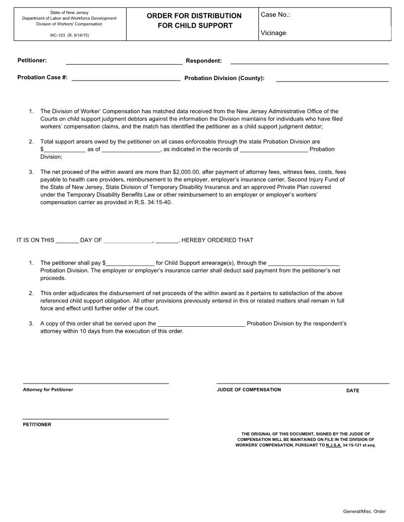 Order For Distribution (For Child Support) {WC(DO)-103} | Pdf Fpdf Doc Docx | New Jersey