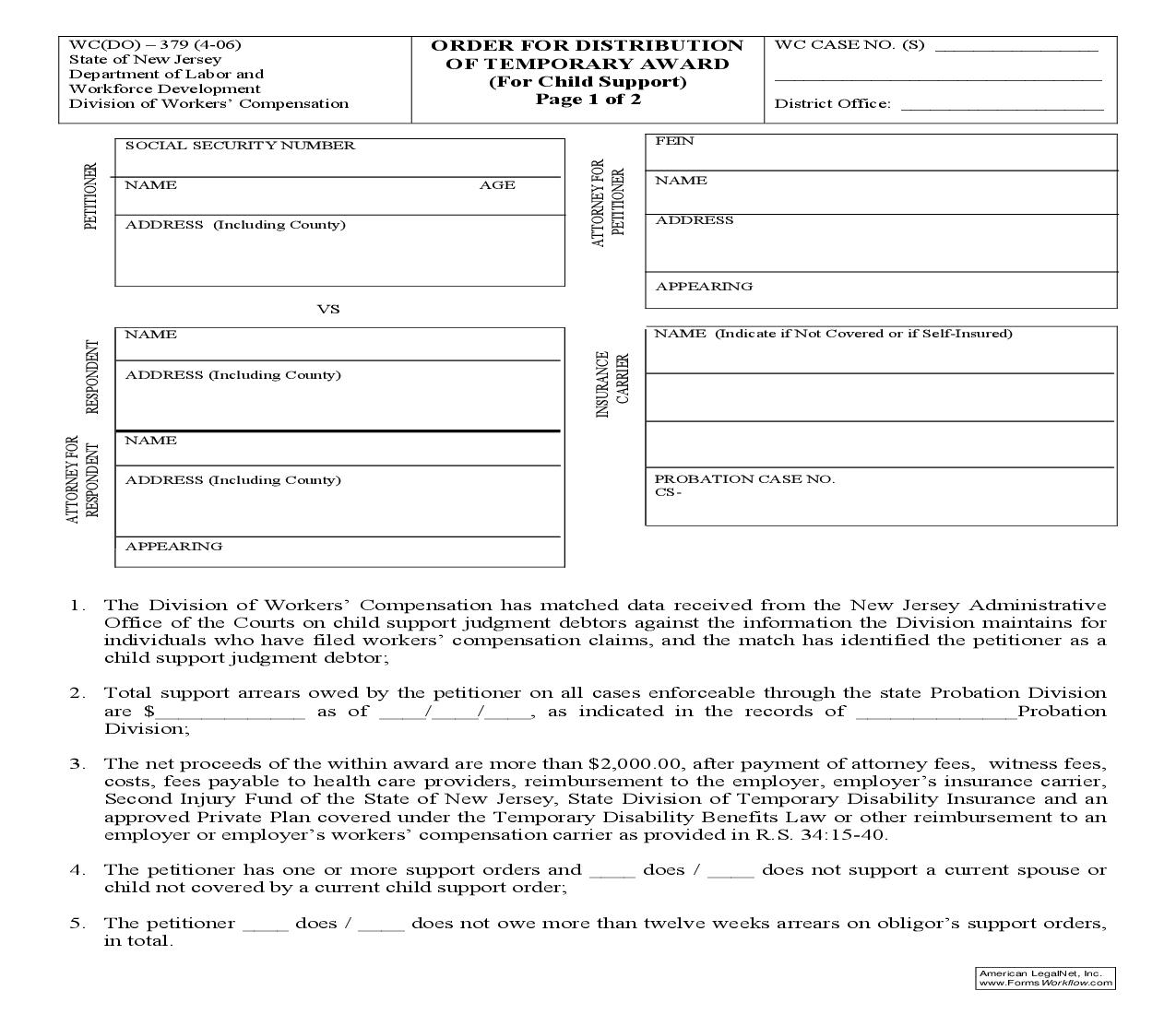Order For Distribution Of Temporary Award (For Child Support) {WC-379} | Pdf Fpdf Doc Docx | New Jersey