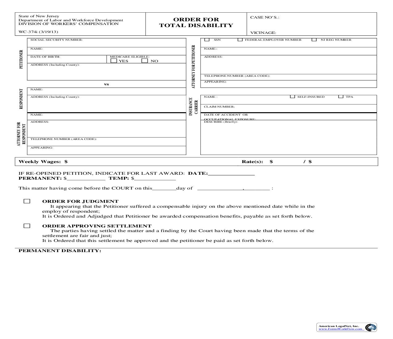 Order For Total Disability {WC-374} | Pdf Fpdf Doc Docx | New Jersey