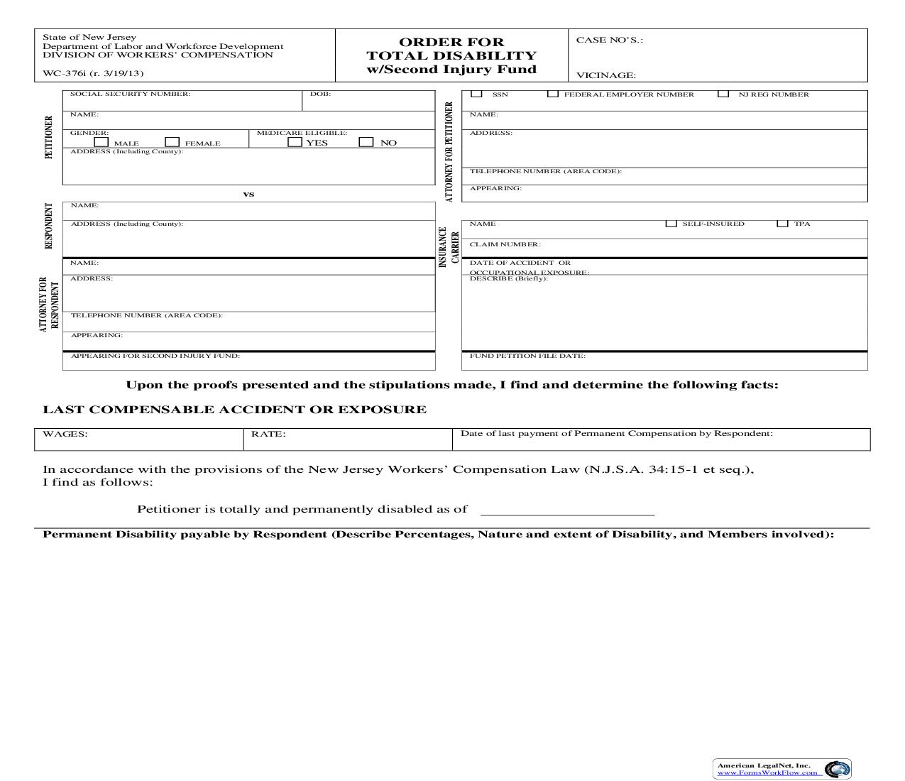 Order For Total Disability With Second Injury Fund (With Case Exhibit Listing) {WC-376} | Pdf Fpdf Doc Docx | New Jersey