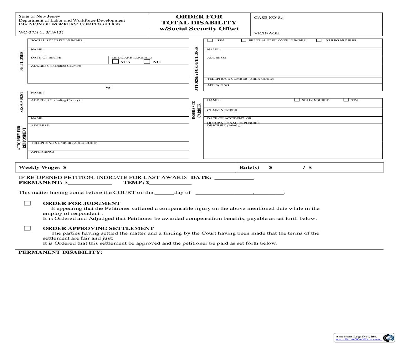 Order For Total Disability With Social Security Offset (With Case Exhibit Listing) {WC-375} | Pdf Fpdf Doc Docx | New Jersey